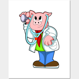 Pig as Doctor with Stethoscope Posters and Art